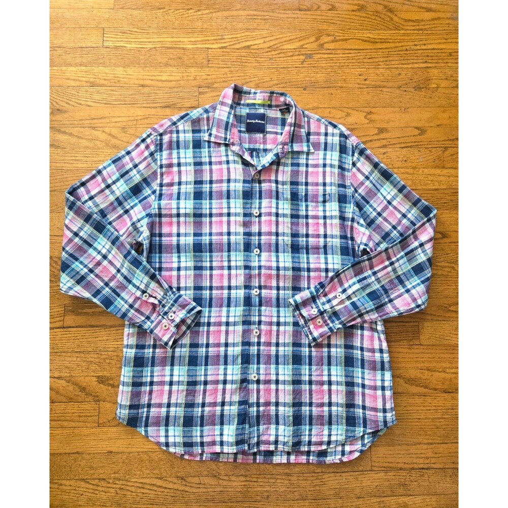 Tommy Bahama Shirt Mens XL Linen Plaid Colorful Button Up Preppy